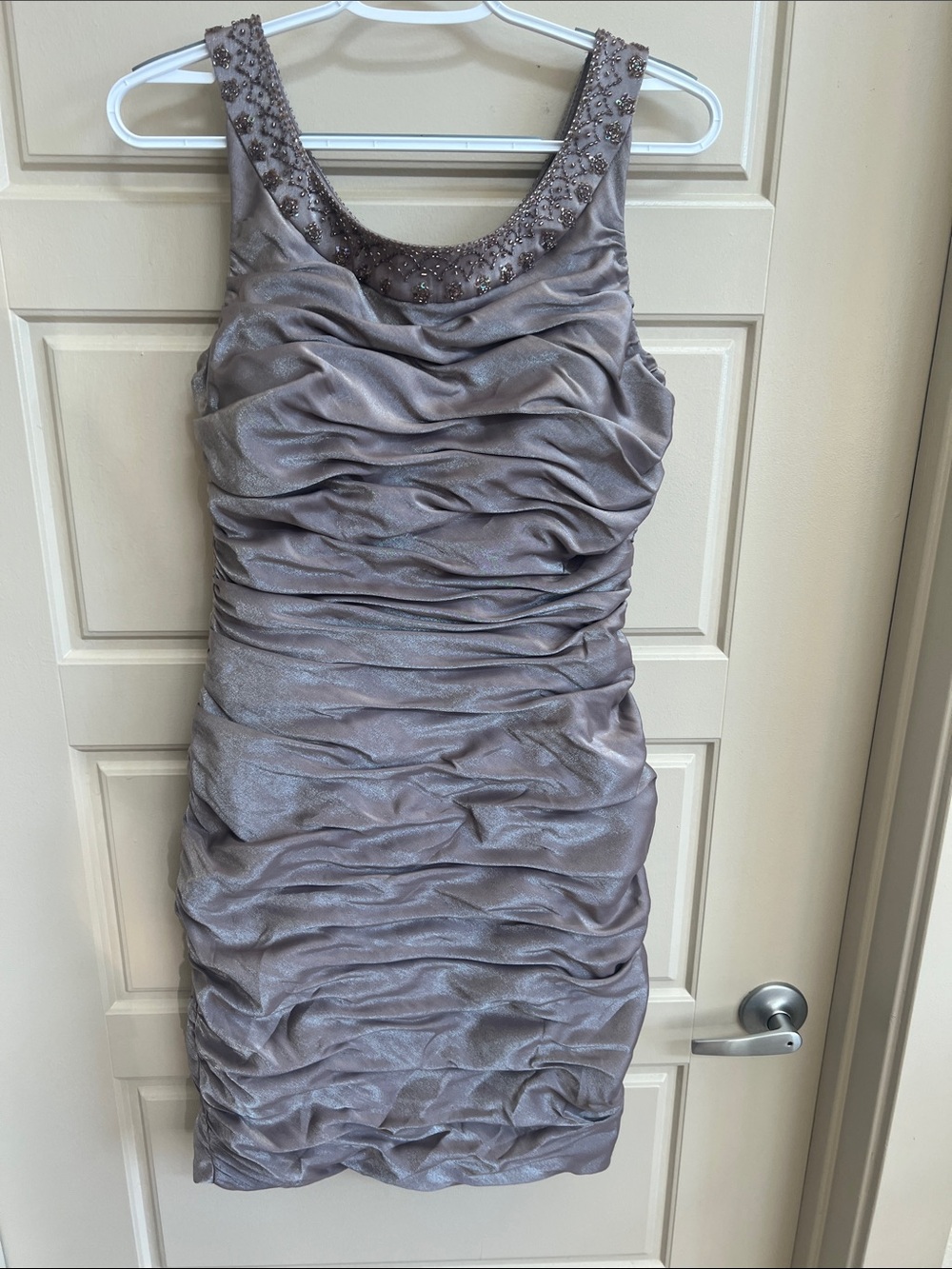 Cachet Metallic Taupe Ruched Beaded Neck Mini Dress